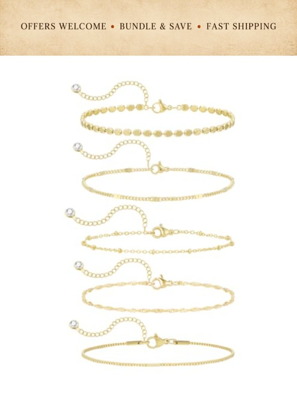 14K Gold Plated Adjustable Chain Bracelet Set